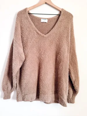 Old Navy Taupe Fuzzy Knit V Neck Sweater Soft Cozy Pullover Size S thumbnail 1