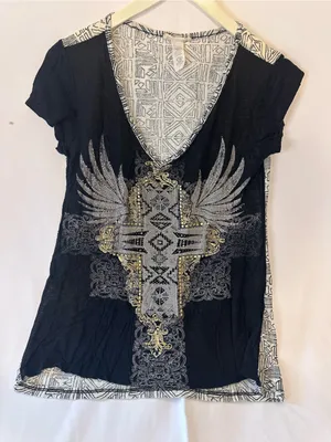 Angels & Diamonds Black Short-Sleeve V-Neck Top with Winged Cross thumbnail 1