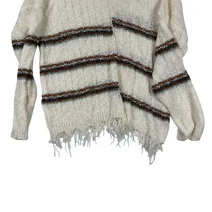 Daytrip Boho Fringe Sweater Cream Striped Distressed‎ Hem Knit Top M/L thumbnail 6
