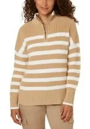 Lands' End Women Quarter Zip Sweate Tan White striped Women's size Large (12-14) thumbnail 1