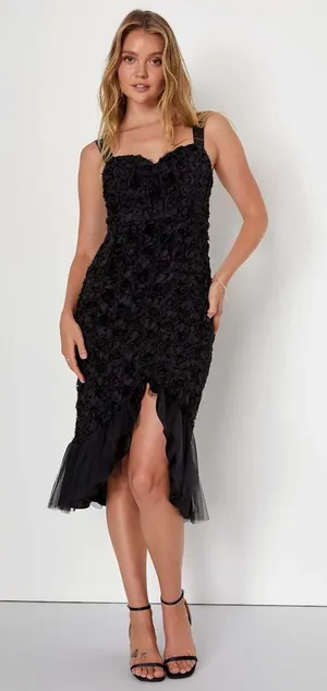 Lulu's Black Rosette Midi Dress with Tulle Ruffle Hem thumbnail 1