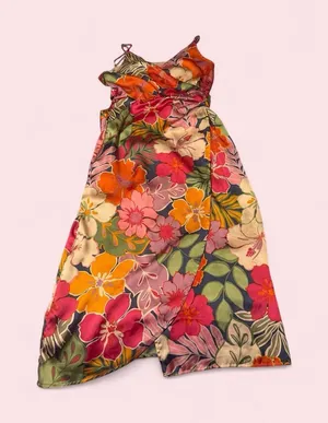 Dress Forum Floral Wrap Midi Dress - Orange, Pink, Green thumbnail 1