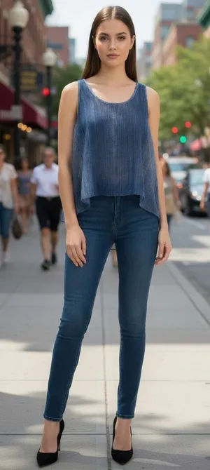 Joseph Ribkoff Vintage Y2K Sheer Denim Print Layering Tank Split Back Size 4 thumbnail 1