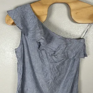 Theory Alexandra Linen Blend Mini Dress Womens 12 Chambray One Shoulder Ruffle thumbnail 2