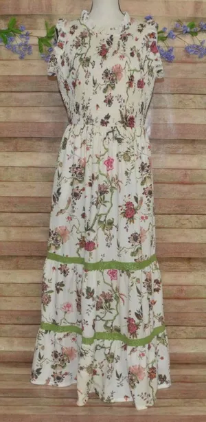 Cream Shabby Chic Floral Smocked Sleeveless Tiered Maxi Dress by Cato Size L thumbnail 1