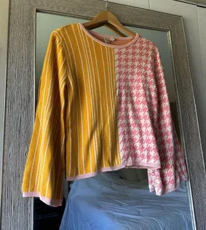 Dolan Anthropologie Flare Sleeve Sweater Pink Houndstooth Yellow Stripe Size XS thumbnail 1