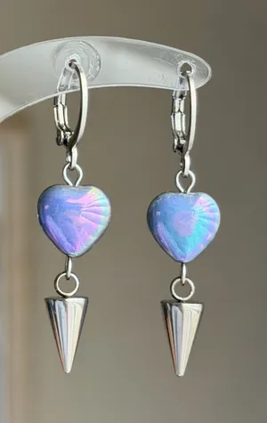 Handmade Czech glass heart & spike dangle earrings💜🩵💙 thumbnail 1