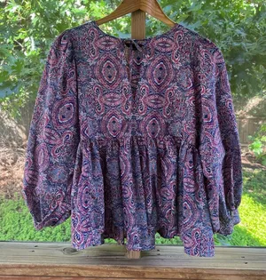 Banana Republic Women's Purple Printed Boho Pleated Top Size L thumbnail 1