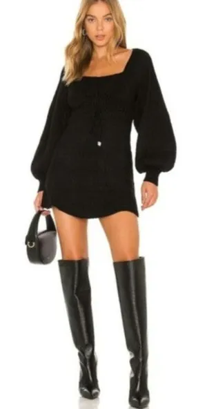 Free People Emmaline Mini Sweater Dress Black XS Cable Knit Balloon Sleeve Fall thumbnail 1