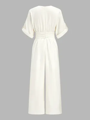Commense Off White Tencel Ruched Waist Wide Leg Jumpsuit M NWT thumbnail 3