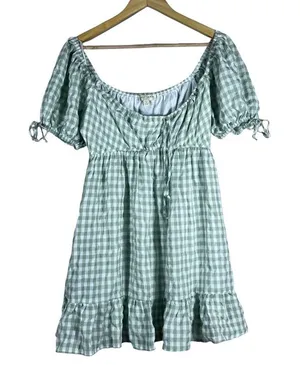 Thirty Thirty LA Gingham Puff Sleeve Ruffle Mini Dress Green Cottagecore Size L thumbnail 1