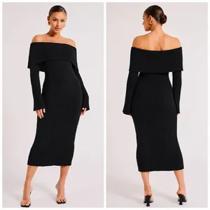 Meshki Stefania Off Shoulder Knit Midi Long Sleeve Dress Black size M New thumbnail 2