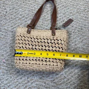 VTG Small Express Woven Straw Tote Bag Beige Leopard Print Lining Crochet Summer thumbnail 4