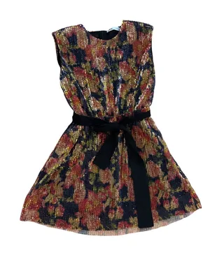 Zara Multicolor Sequin Floral Dress with Black Waist Tie thumbnail 1