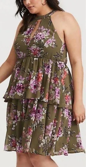 Torrid Floral Tiered Olive Chiffon Dress Sz 1 thumbnail 1