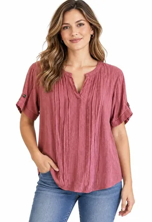 Perception Concept Women XL Mauve Red Pintuck V-Neck Roll Tab Sleeve Blouse thumbnail 1