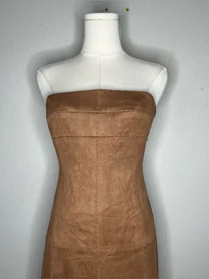 Vintage BCBG Brown Faux Suede Beaded Paneled Strapless Maxi Dress thumbnail 3