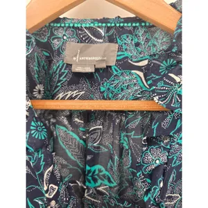 Anthropologie Blouse Womens‎ XS Floral Paisley Navy Blue Lace-Up Ruffle Blouse thumbnail 2