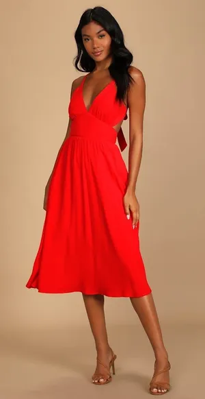 NWT Lulus Bold New Look Bright Red Tie-Back Midi Dress With Pockets Party Sz XS thumbnail 1