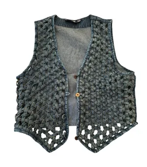 vintage A.J. Denim Button-Up Top denim vest crochet braided western boho 80s thumbnail 1