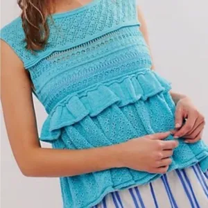 Free People Blue Juliette Ruffle Top, Linen Blend. Size XL thumbnail 2
