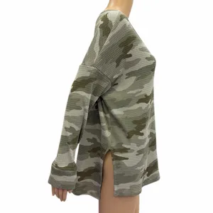 American Eagle Waffle Knit Thermal Green Camouflage V Neck Top Womens Medium thumbnail 4