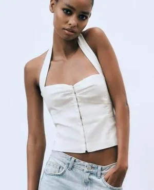 Zara white ruched halter neck open back hook closure front top thumbnail 1