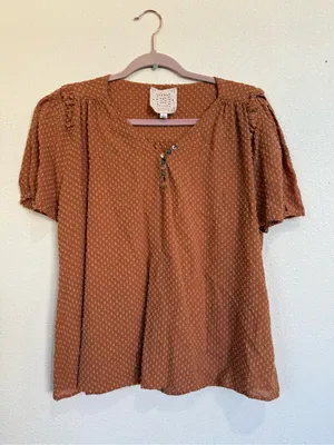 Johnny Was Brown Swiss Dot Boho Peasant Blouse L Ruffle V-Neck Top thumbnail 2