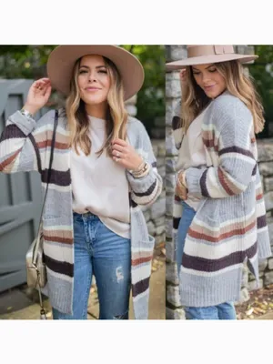 A NEW DAY Striped Open Front Cardigan Gray Cream Tan Brown Long Heavy Sweater M thumbnail 2