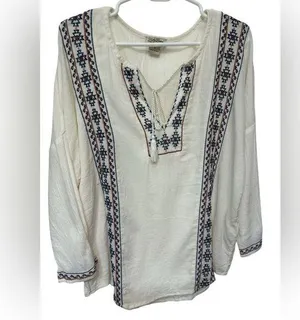 Lucky Brand White Long Sleeve Embroidered Boho Top thumbnail 1
