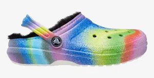 Crocs Classic Black Faux Fur Lined Tie‎ Dye Rainbow Clogs Shoes Slides M7 W9 thumbnail 1