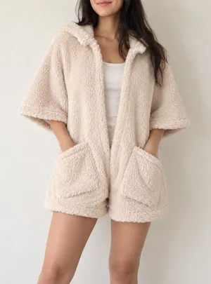 Rivet Utility Light Beige Stunner Teddy Sherpa Romper Small Cozy Loungewear thumbnail 1