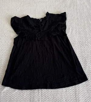 Anthropologie Black Flutter Sleeve Ruffle Tie Neck Lace Trim Boho Top Small thumbnail 1