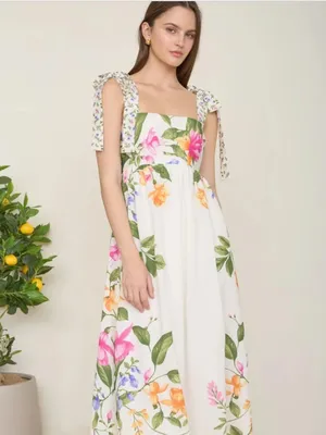 NWT Blu Pepper Off White Floral Tie Strap Empire Waist Midi Dress – Large thumbnail 2