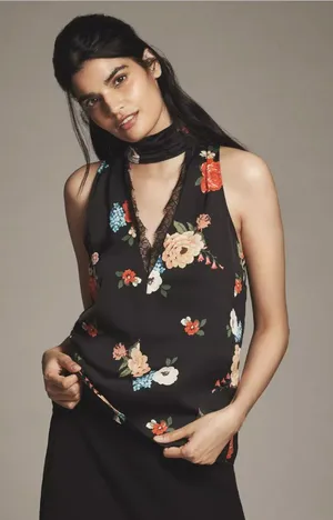 By Anthropologie Lace-Trim Silky Halter Tank Top Floral Scarf Size Medium New thumbnail 1