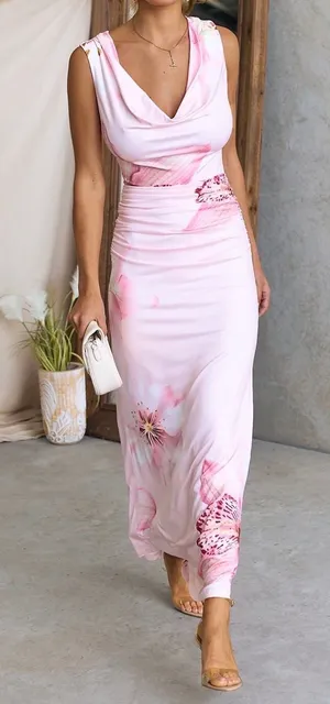 One and Only‎ Collective Pink Floral Cowl Neck Ruched Maxi Dress-S thumbnail 1