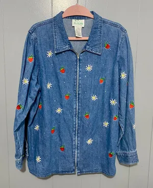 The Quacker Factory Vintage Strawberry Embroidered Denim Full Zip Jacket XL thumbnail 1