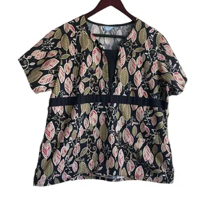 White Swan‎ Women Scrub Top XL Foliage Print Medical Uniform Nurse Workwear Fall thumbnail 1