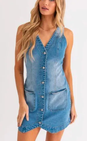 These Three Boutique Vici Dolls Denim Mini Dress With Buckle thumbnail 1