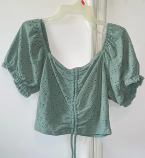 SO Cinch Front Puff Sleeve Eyelet Crop Top – Sage Green thumbnail 1
