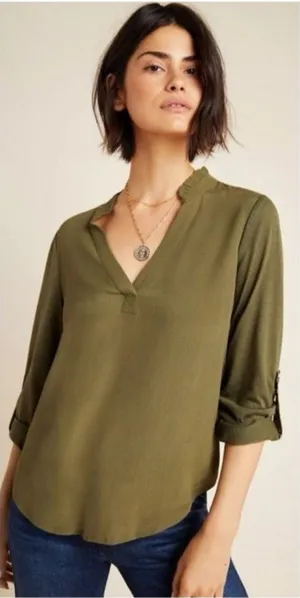 Anthropologie‎ Porridge Aidan Shirt Top Green Size S 3/4 Roll Sleeve Dog Detail thumbnail 1