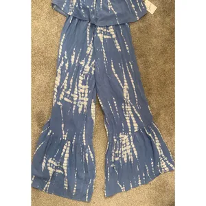 Japna NWT Strapless Tie Dye Jumpsuit XS Blue White Rayon Wide Leg Ruffle Boho thumbnail 4