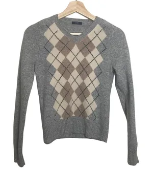 J Crew Women’s Grey & Tan Argyle Wool Pull-Over Long Sleeve Sweater Style 61704 thumbnail 1