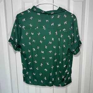 Anthropologie Blouse Womens Small Green Dog Print Short Sleeve Top Pajamas Silky thumbnail 5