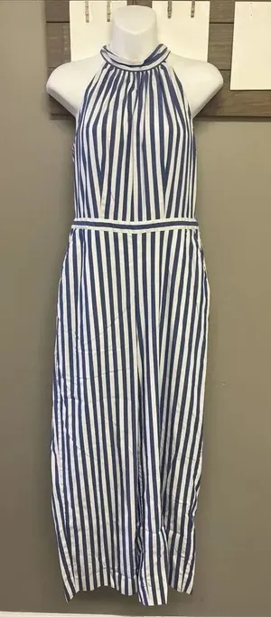 J.Crew Light Blue White Vertical Striped Halter Coastal Lined Jumpsuit Size 4 thumbnail 1