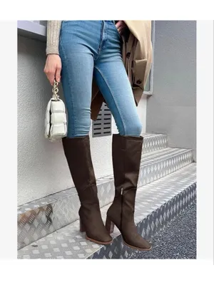 NEW Knee High Square Toe Chunky Block Heel Side Zipper Vegan Suede Boots 10 thumbnail 2