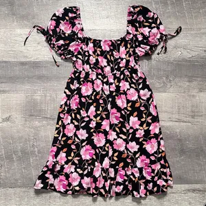 Charlotte Russe Pink Floral Puff Sleeve Black Mini Dress NEW Womens M Ruffle Hem thumbnail 5