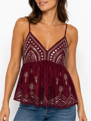 Lizette Collection XS Burgundy Beaded Sequin Babydoll Cami Boho Festival Y2K Top thumbnail 1