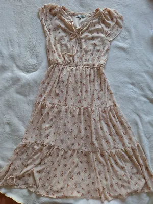 Moon River Floral Swiss Dot Tiered Midi Dress Tie Neck S thumbnail 1