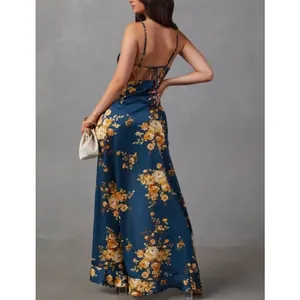 VICI Satin Floral Slit Maxi Slip Dress Green Large thumbnail 2